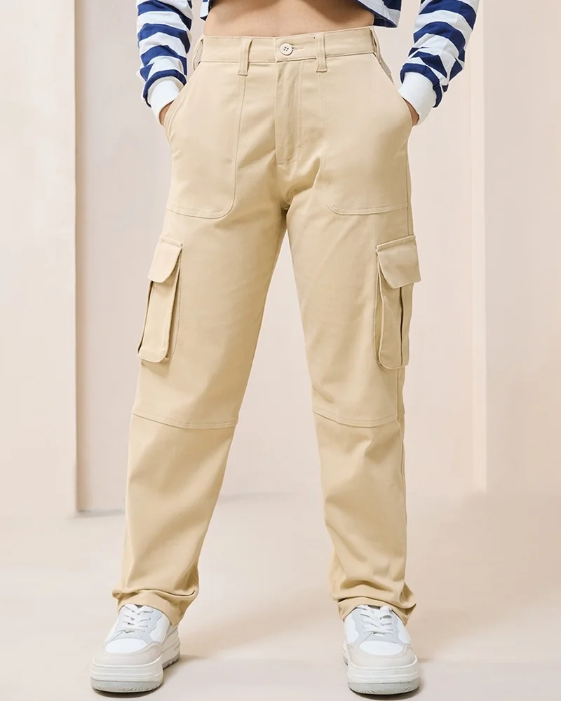 bewakoof Women's Brown Straight Cargo Pants